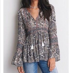 American Eagle Outfitters Blouse Boho Women's Paisley Top Velvet Trim